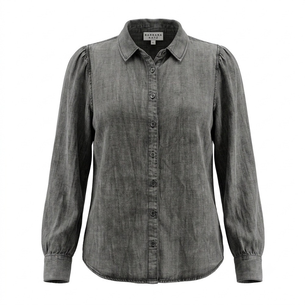 Vintage Barbara Katz Grey Tencel Blouse XL Button Front Shoulder Pads Boho 80s